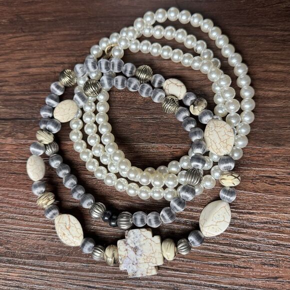 Vintage 1960's Grey Silk Beaded Magnesite Cross Necklace + 43” Long Faux Pearls - Picture 15 of 16